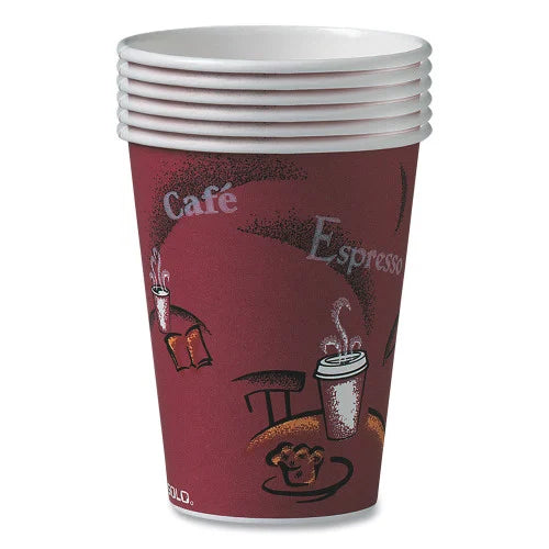 SOLO Paper Hot Drink Cups in Bistro Design, 12 oz, Maroon, 300/Carton (OF12BI0041) - Grazingbelles