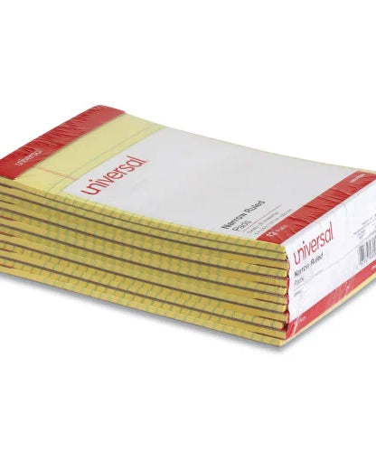 Universal Perforated Ruled Writing Pads, Narrow Rule, Red Headband, 50 Canary-Yellow 5 x 8 Sheets, Dozen (UNV46200)