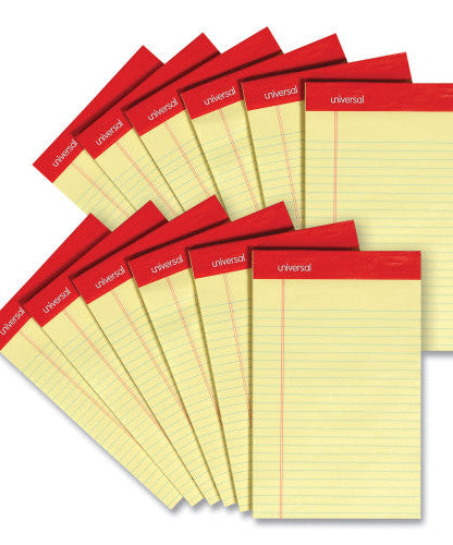 Universal Perforated Ruled Writing Pads, Narrow Rule, Red Headband, 50 Canary-Yellow 5 x 8 Sheets, Dozen (UNV46200)