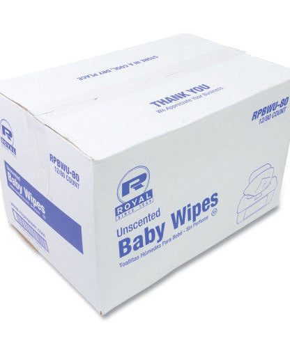 AmerCareRoyal Baby Wipes Tub, Unscented, White, 80/Tub, 12 Tubs/Carton (RPBWU80)