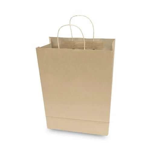 Premium Shopping Bag, Natural Twisted-Paper Handles, 10" x 4.5" x 13", Brown, 50/Box (091565) - Grazingbelles