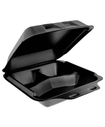 Pactiv SmartLock Foam Hinged Lid Container, Medium, 3-Compartment, 8 x 8.5 x 3, Black, 150/Carton (YHLB08030000)