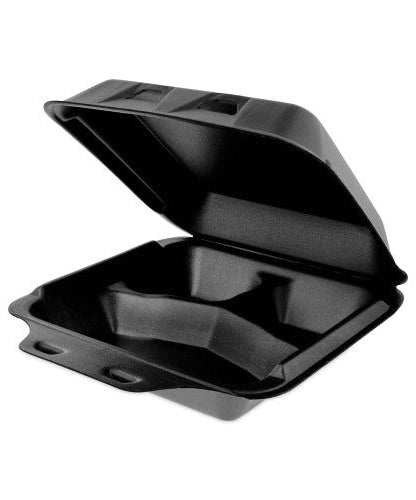 Pactiv SmartLock Foam Hinged Lid Container, Medium, 3-Compartment, 8 x 8.5 x 3, Black, 150/Carton (YHLB08030000)