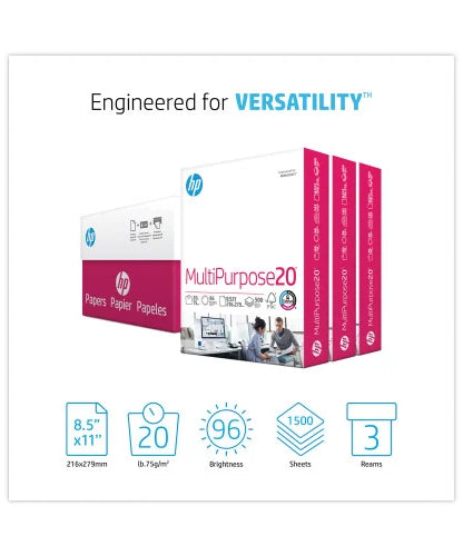 HP MultiPurpose20 Paper, 96 Bright, 20 lb Bond Weight, 8.5 x 11, White, 500 Sheets/Ream, 3 Reams/Carton (112530) - Grazingbelles