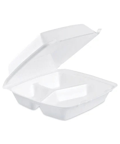Dart Insulated Foam Hinged Lid Containers, 3-Compartment. 7.9 x 8.4 x 3.3, White, 200/Carton (85HT3)
