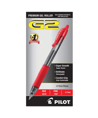Pilot G2 Premium Gel Pen, Retractable, Fine 0.7 mm, Red Ink, Smoke/Red Barrel, Dozen (31022)