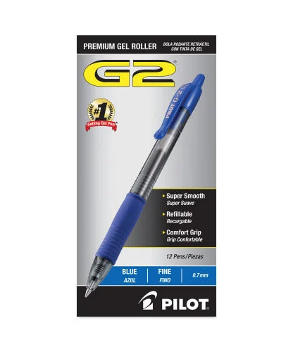 Pilot G2 Premium Gel Pen, Retractable, Fine 0.7 mm, Blue Ink, Smoke/Blue Barrel, 12/Pack (31021) - Grazingbelles