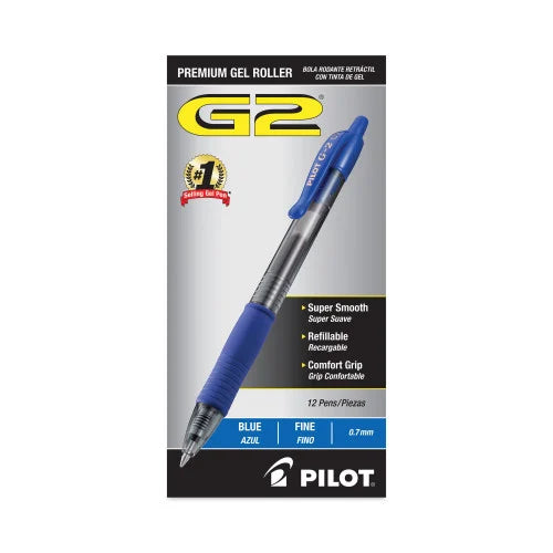 Pilot G2 Premium Gel Pen, Retractable, Fine 0.7 mm, Blue Ink, Smoke/Blue Barrel, 12/Pack (31021) - Grazingbelles