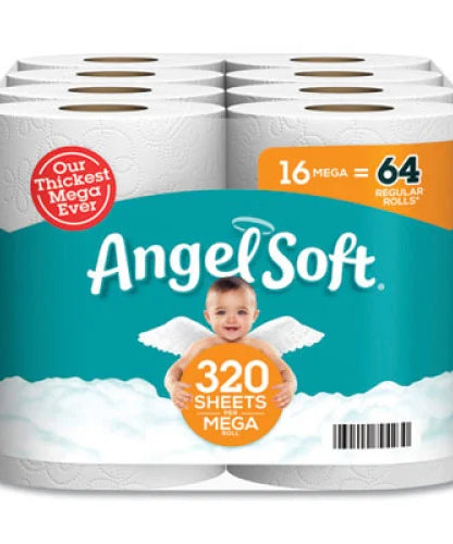 Angel Soft Mega Toilet Paper, Septic Safe, 2-Ply, White, 320 Sheets/Roll, 16 Rolls/Pack (7942301)