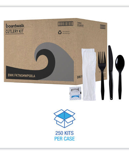Boardwalk® Six-Piece Cutlery Kit Cdmt/Fk/Kf/Npkn/Tsp, 250 Packs (BWKFKTNSMWPSBLA)