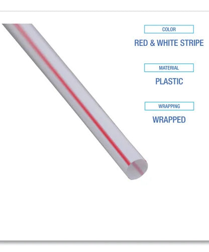 Boardwalk Wrapped Jumbo Straws, 7.75", Plastic, White/Red Stripe, 400/Pack, 25 Packs/Carton (BWKJSTW775S24) - Grazingbelles