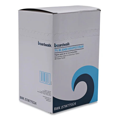 Boardwalk Wrapped Jumbo Straws, 7.75", Plastic, White/Red Stripe, 400/Pack, 25 Packs/Carton (BWKJSTW775S24) - Grazingbelles