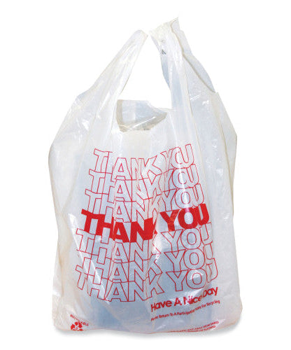AmerCareRoyal Thank You Bags, Thank You - Have a Nice Day Labeling, Cut-Out Handles, 11.5" x 6.5" x 21", White/Red, 1,000/Carton (RPTYB6)