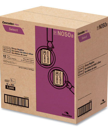 Cascades Select Dinner Napkins, 1-Ply, White, 15.5 x 16, 250/Pack, 12/Carton (N050)