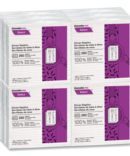 Cascades Select Dinner Napkins, 1-Ply, White, 15.5 x 16, 250/Pack, 12/Carton (N050)