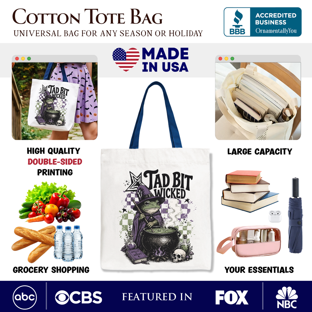 Tad Bit Wicked Frog Witch Tote Bag, Spooky Halloween Cauldron Gift Shopper - Grazingbelles