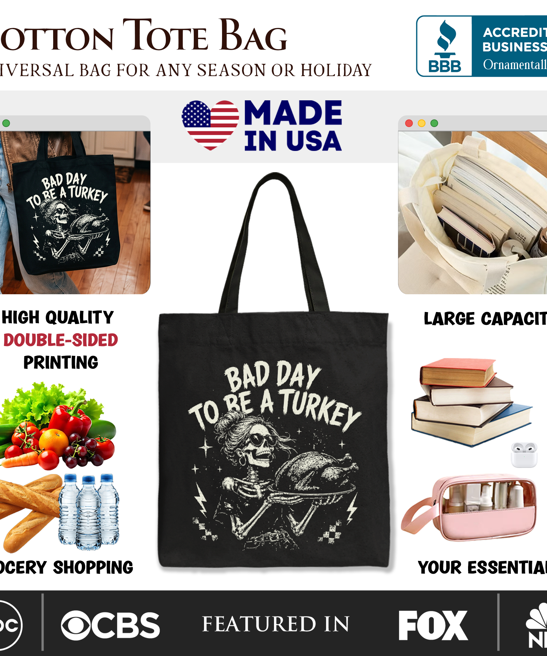 Bad Day to Be a Turkey Tote Bag, Funny Vintage Thanksgiving Skeleton Gift Shopper - Grazingbelles