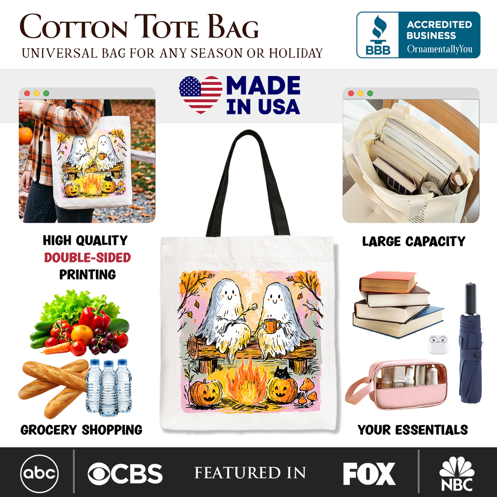 Cozy Campfire Ghosts Tote Bag, Fall Halloween Pumpkin Gift Shopper - Grazingbelles