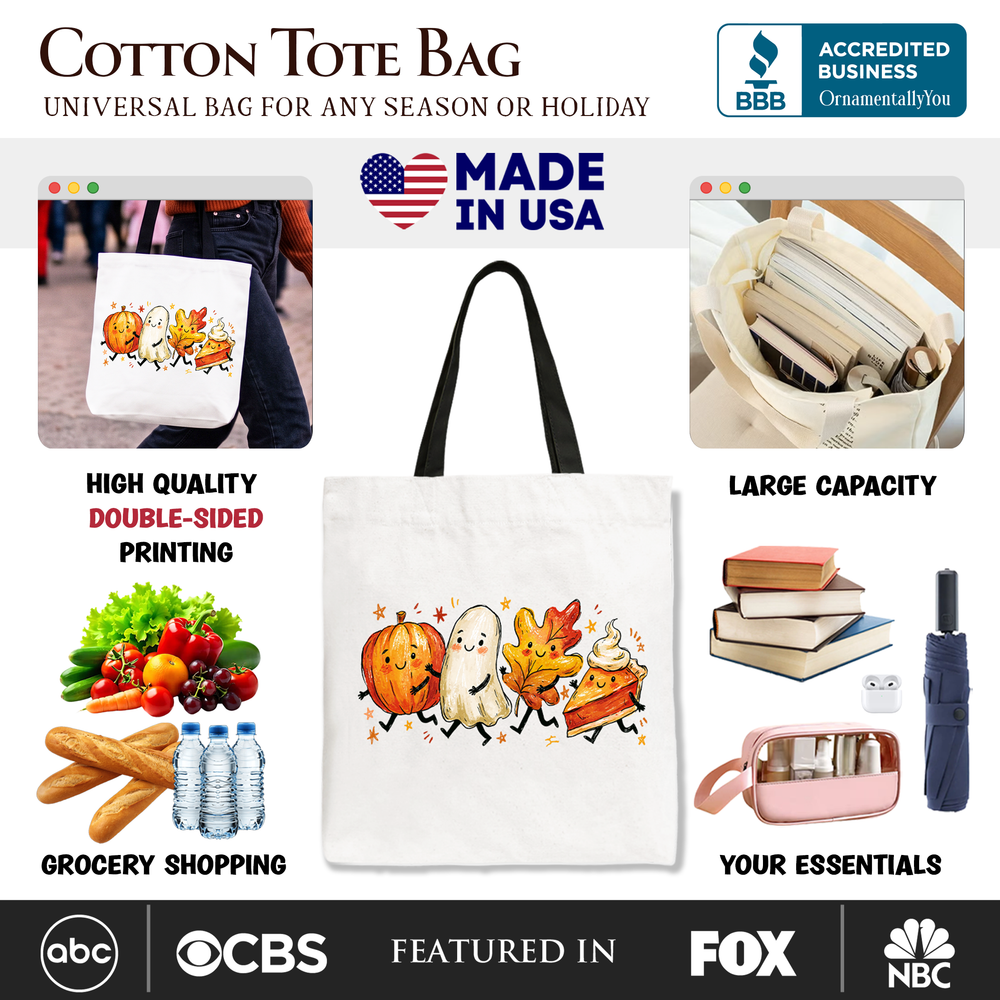 Cute Fall Characters Tote Bag, Pumpkin Ghost Leaf Pie Autumn Gift Shopper - Grazingbelles