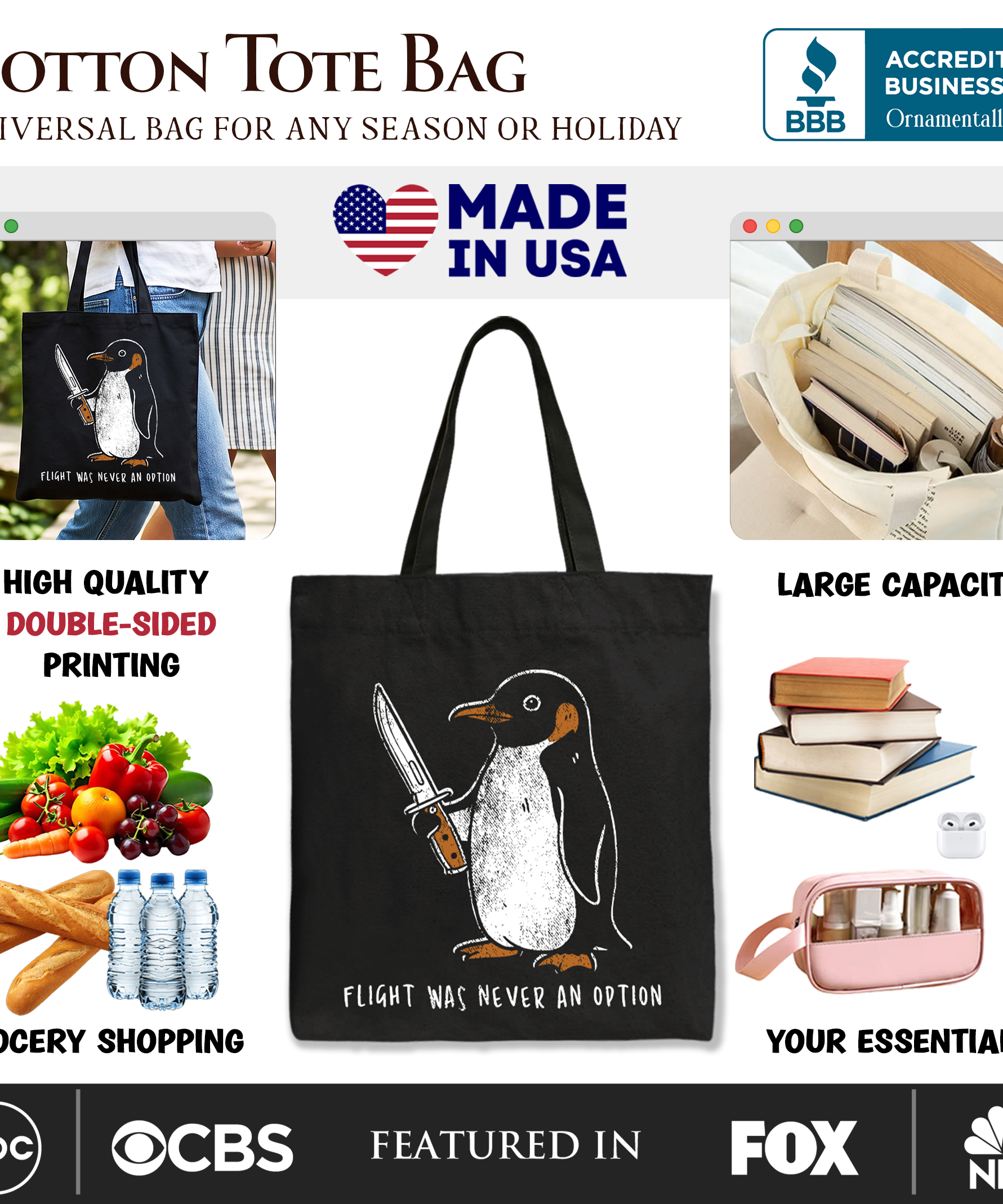 Flight Was Never an Option Penguin Tote Bag, Funny Dark Humor Knife Gift Shopper - Grazingbelles