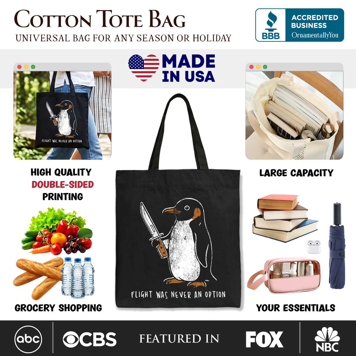 Flight Was Never an Option Penguin Tote Bag, Funny Dark Humor Knife Gift Shopper - Grazingbelles