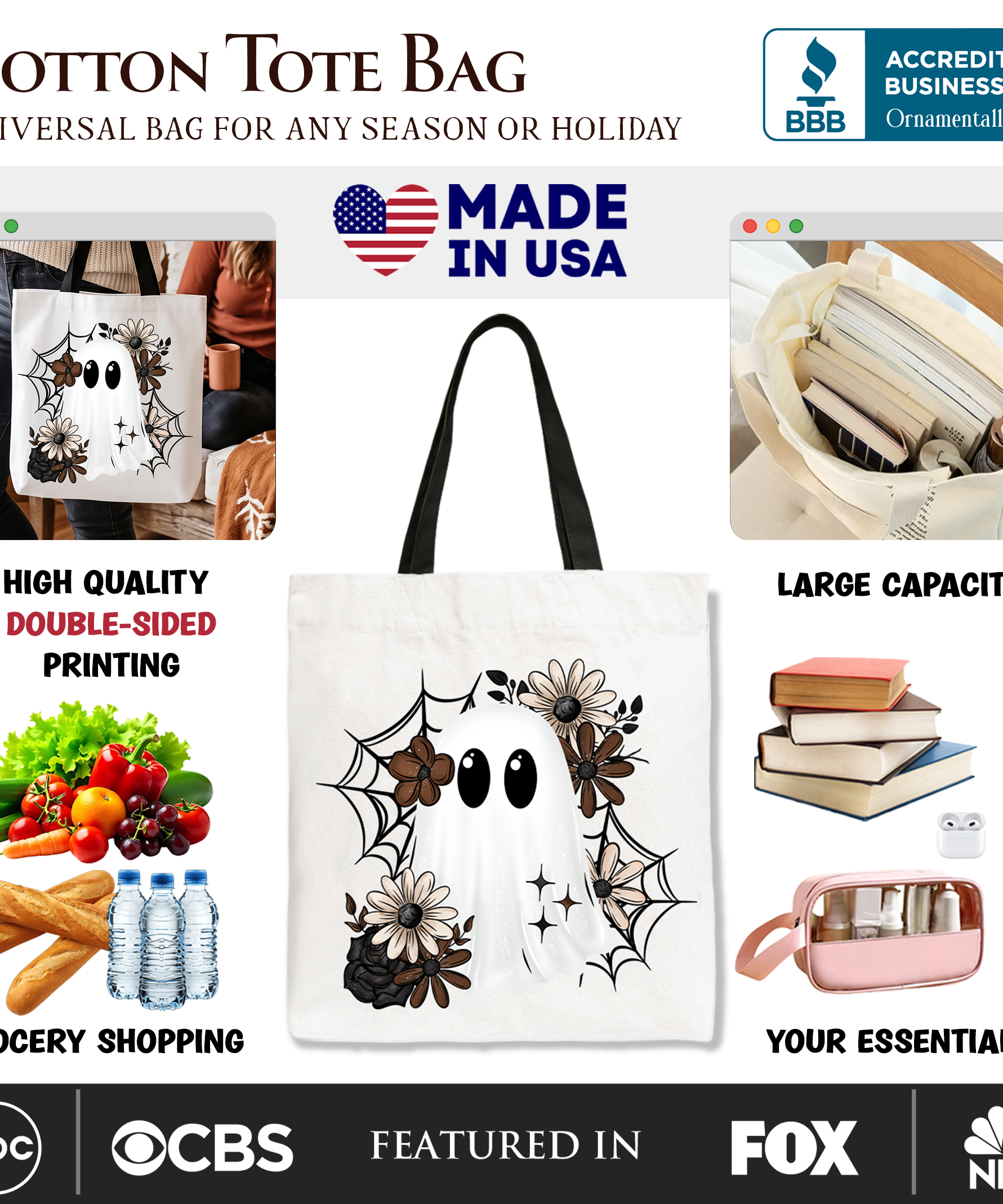 Floral Ghost Tote Bag, Neutral Boho Halloween Spider Web Gift Shopper - Grazingbelles