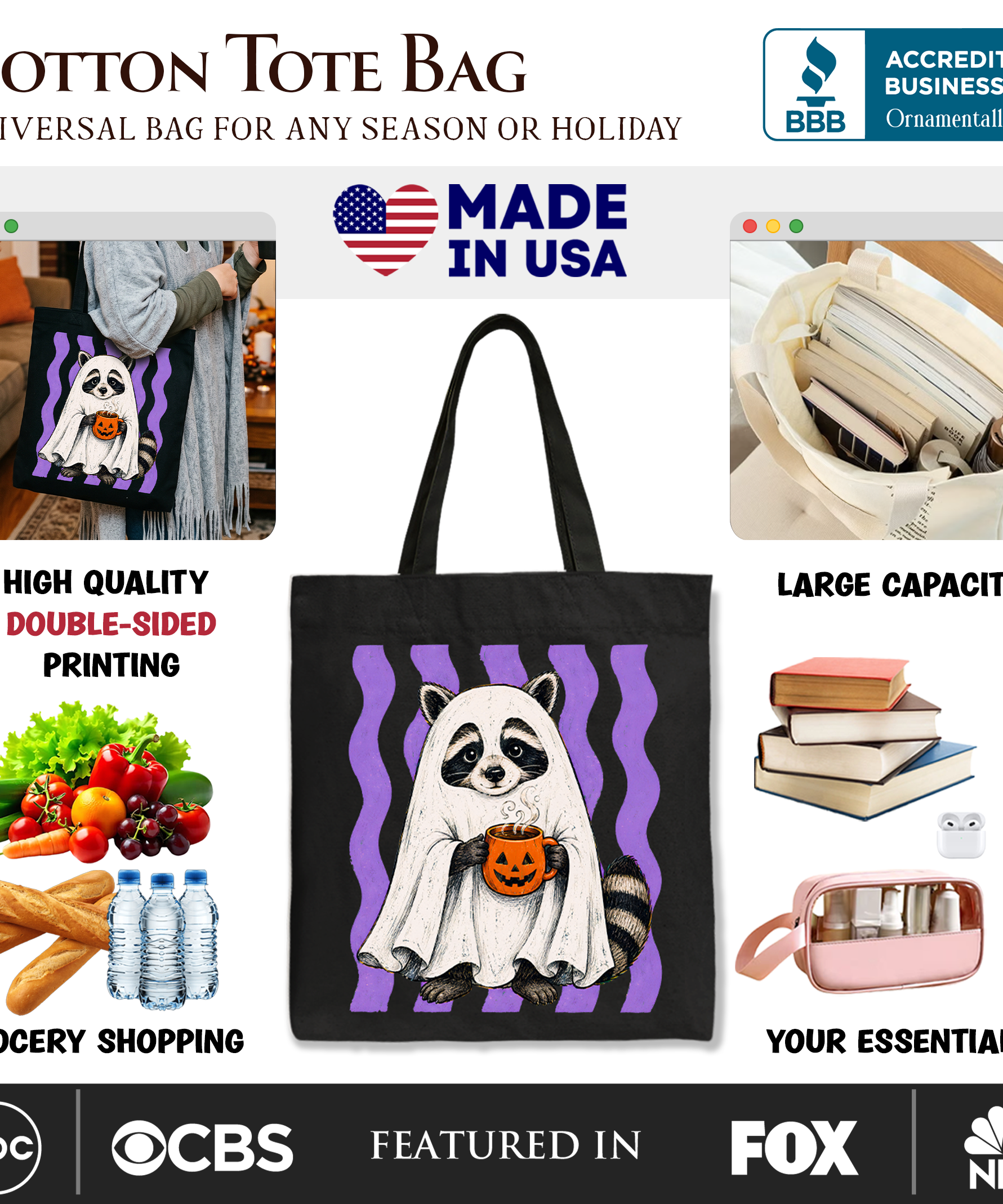 Ghost Costume Raccoon Tote Bag, Halloween Pumpkin Coffee Mug Gift Shopper - Grazingbelles