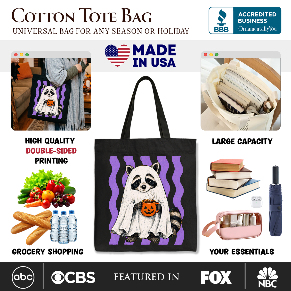 Ghost Costume Raccoon Tote Bag, Halloween Pumpkin Coffee Mug Gift Shopper - Grazingbelles