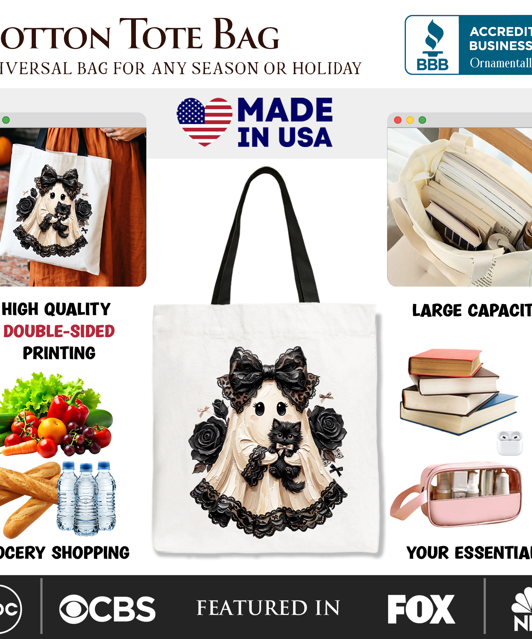 Gothic Ghost with Black Cat Tote Bag, Black Rose Coquette Halloween Gift Shopper - Grazingbelles