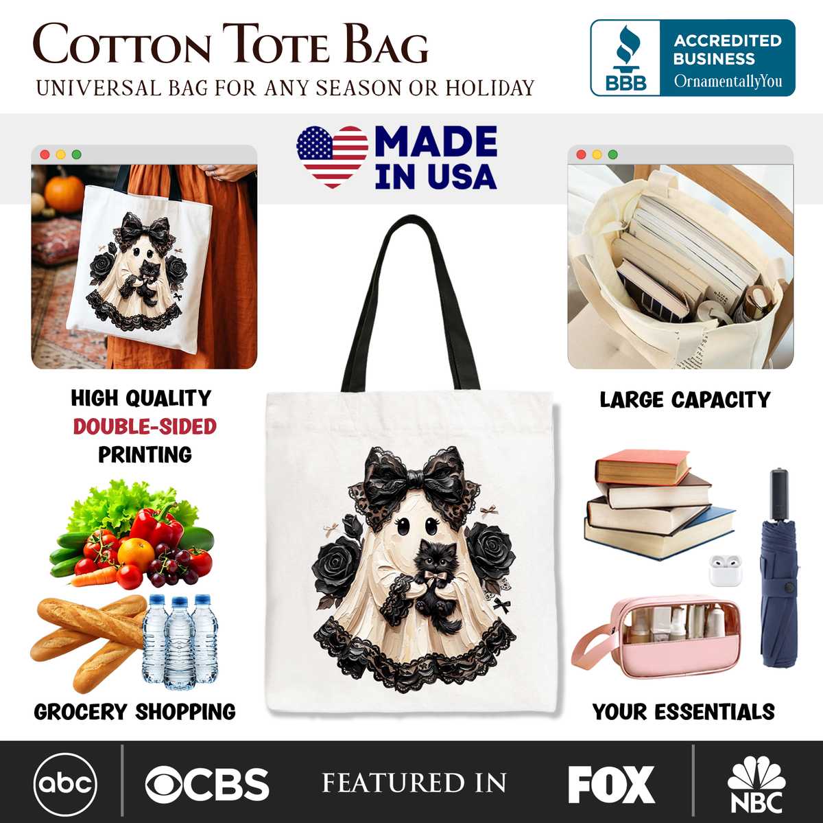 Gothic Ghost with Black Cat Tote Bag, Black Rose Coquette Halloween Gift Shopper - Grazingbelles