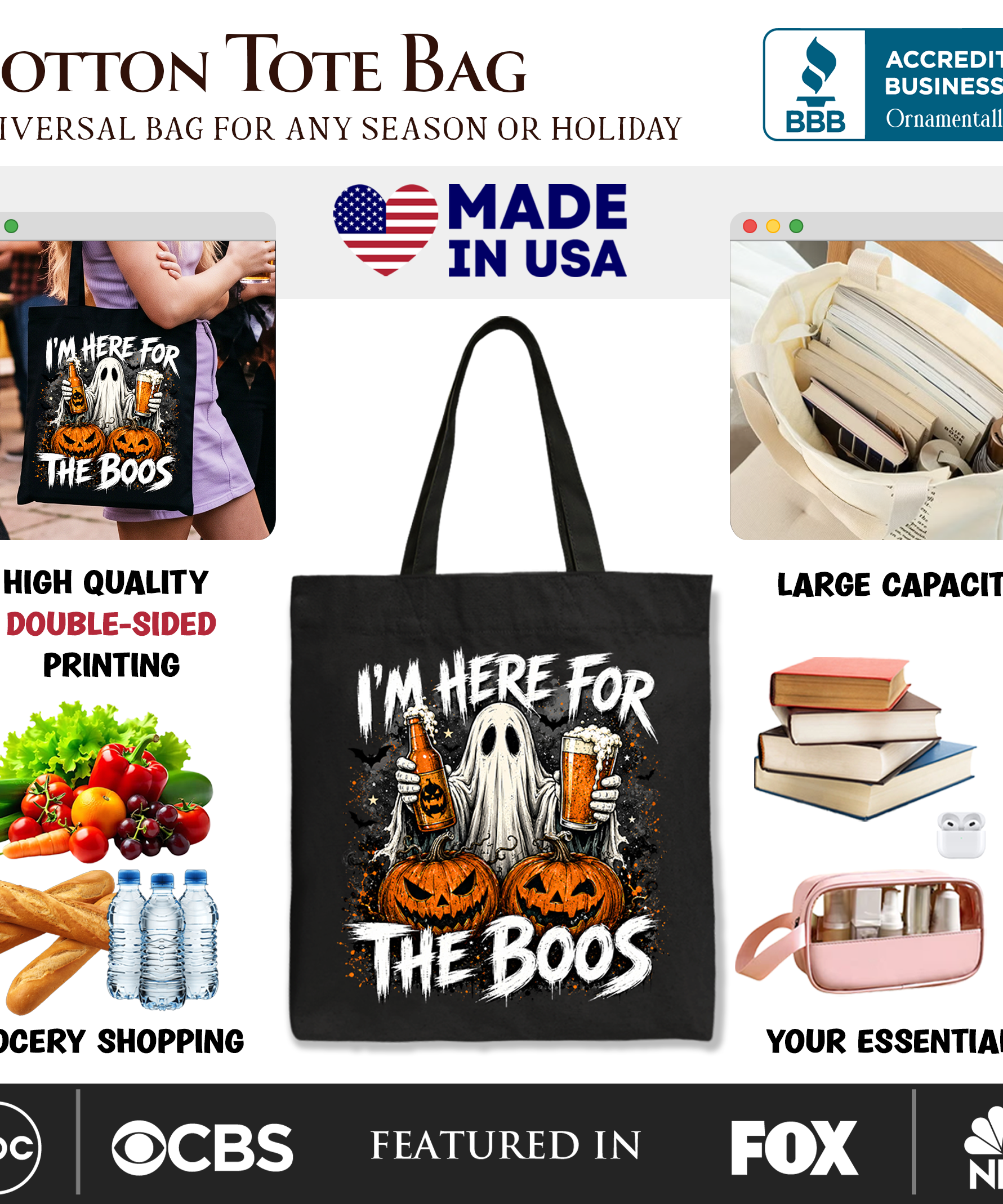 I’m Here for the Boos Ghost Tote Bag, Funny Halloween Beer Pumpkin Gift Shopper - Grazingbelles