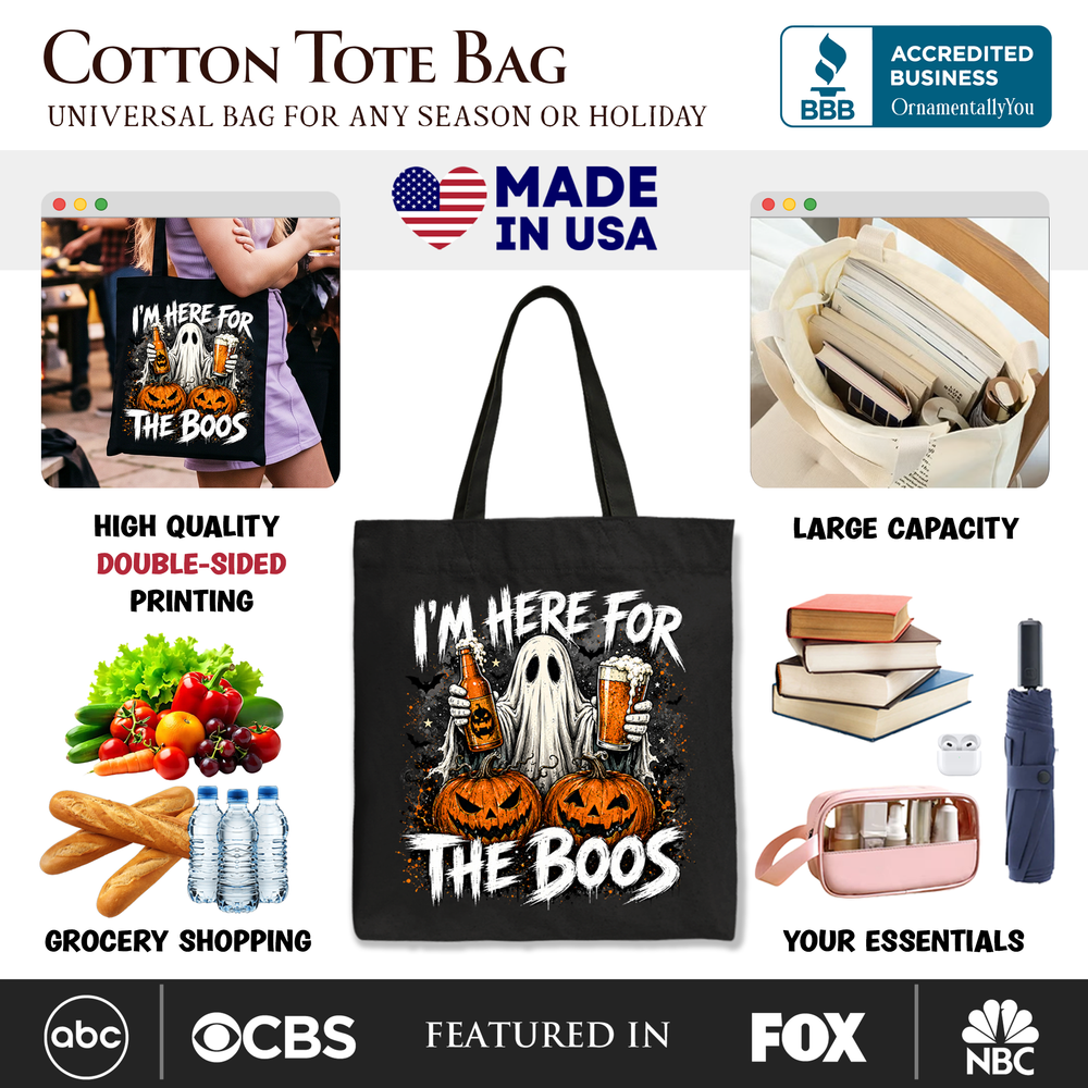 I’m Here for the Boos Ghost Tote Bag, Funny Halloween Beer Pumpkin Gift Shopper - Grazingbelles