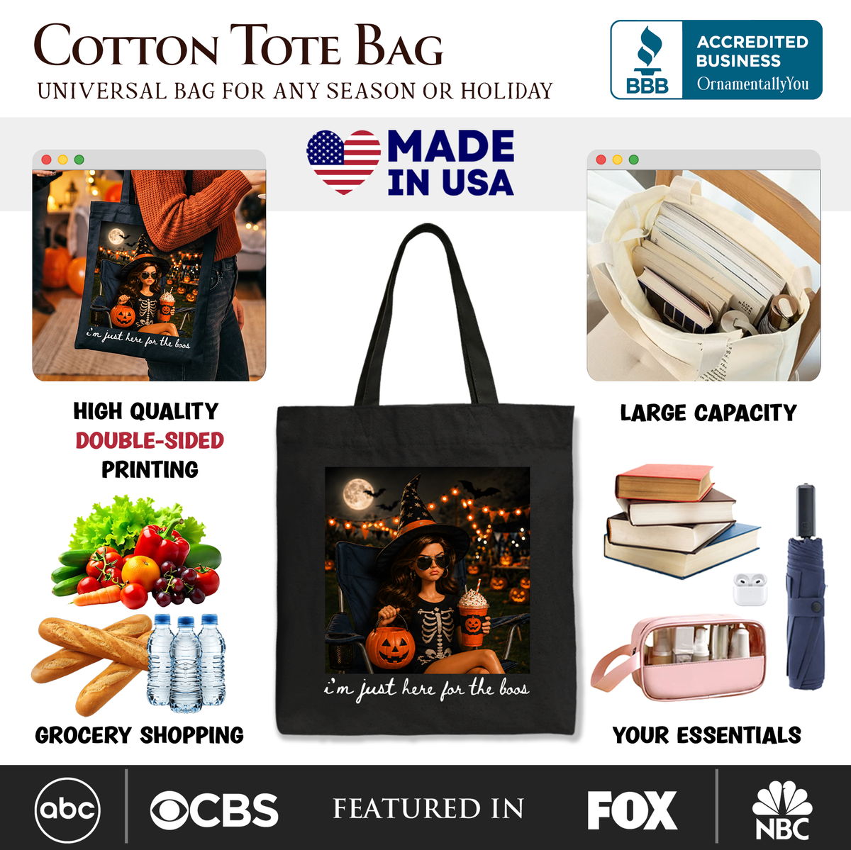 I’m Just Here for the Boos Witch Tote Bag, Funny Halloween Party Gift Shopper - Grazingbelles
