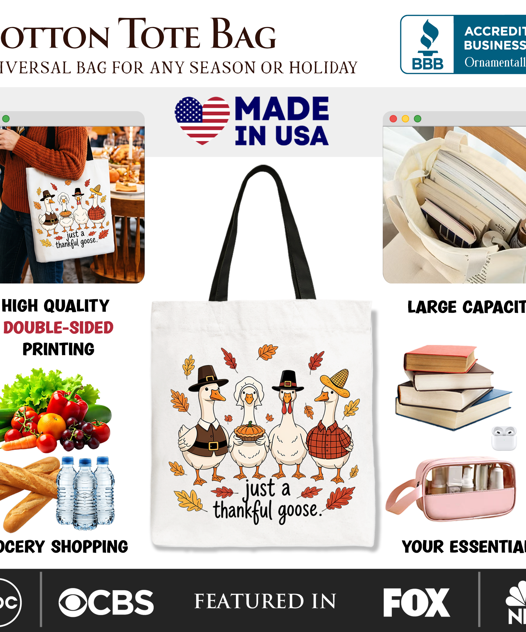 Just a Thankful Goose Tote Bag, Funny Thanksgiving Family Turkey Day Gift Shopper