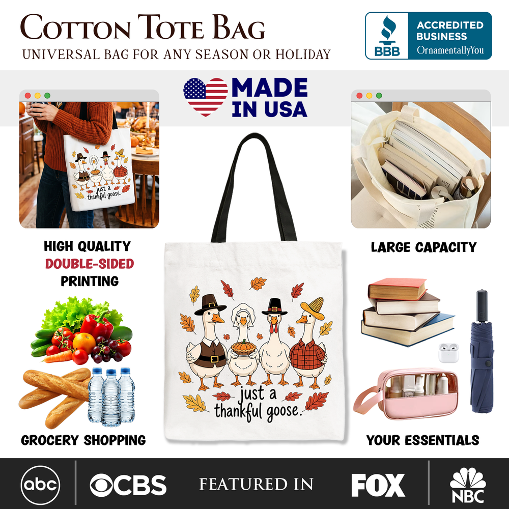 Just a Thankful Goose Tote Bag, Funny Thanksgiving Family Turkey Day Gift Shopper - Grazingbelles