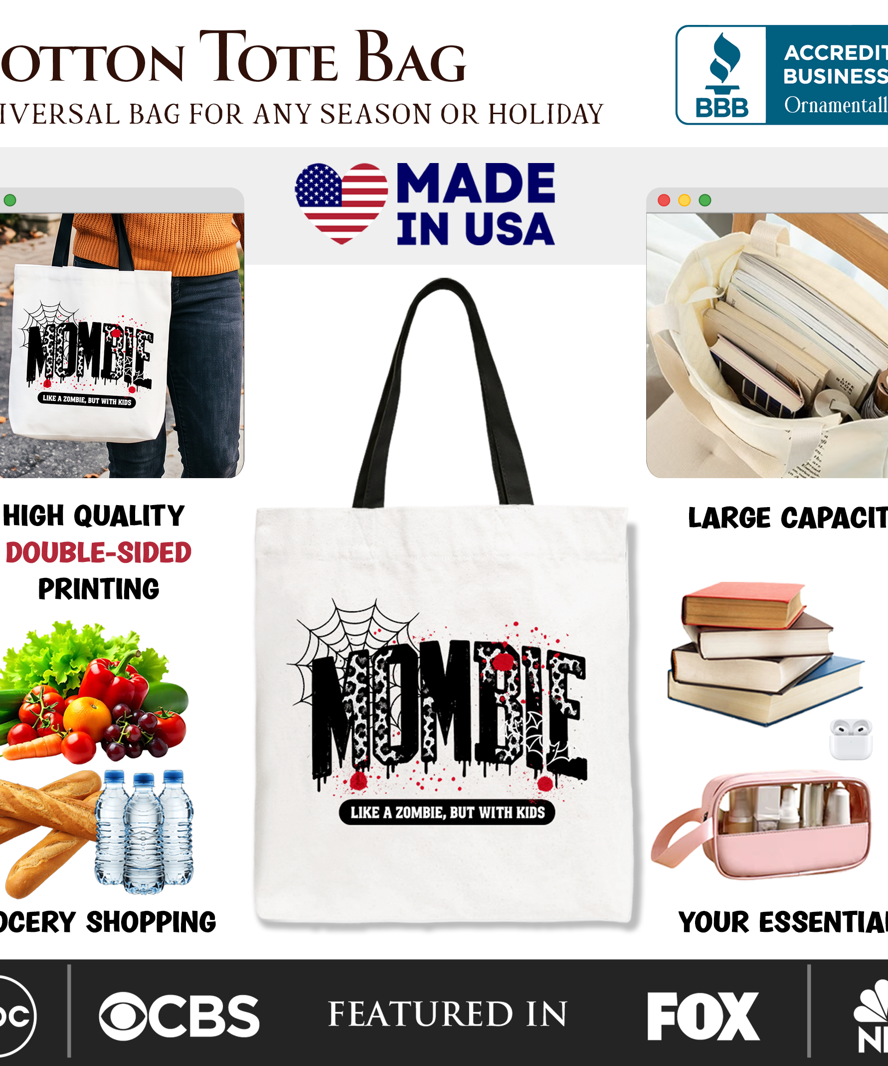 Mombie Like a Zombie But With Kids Tote Bag, Funny Halloween Mom Horror Gift Shopper - Grazingbelles