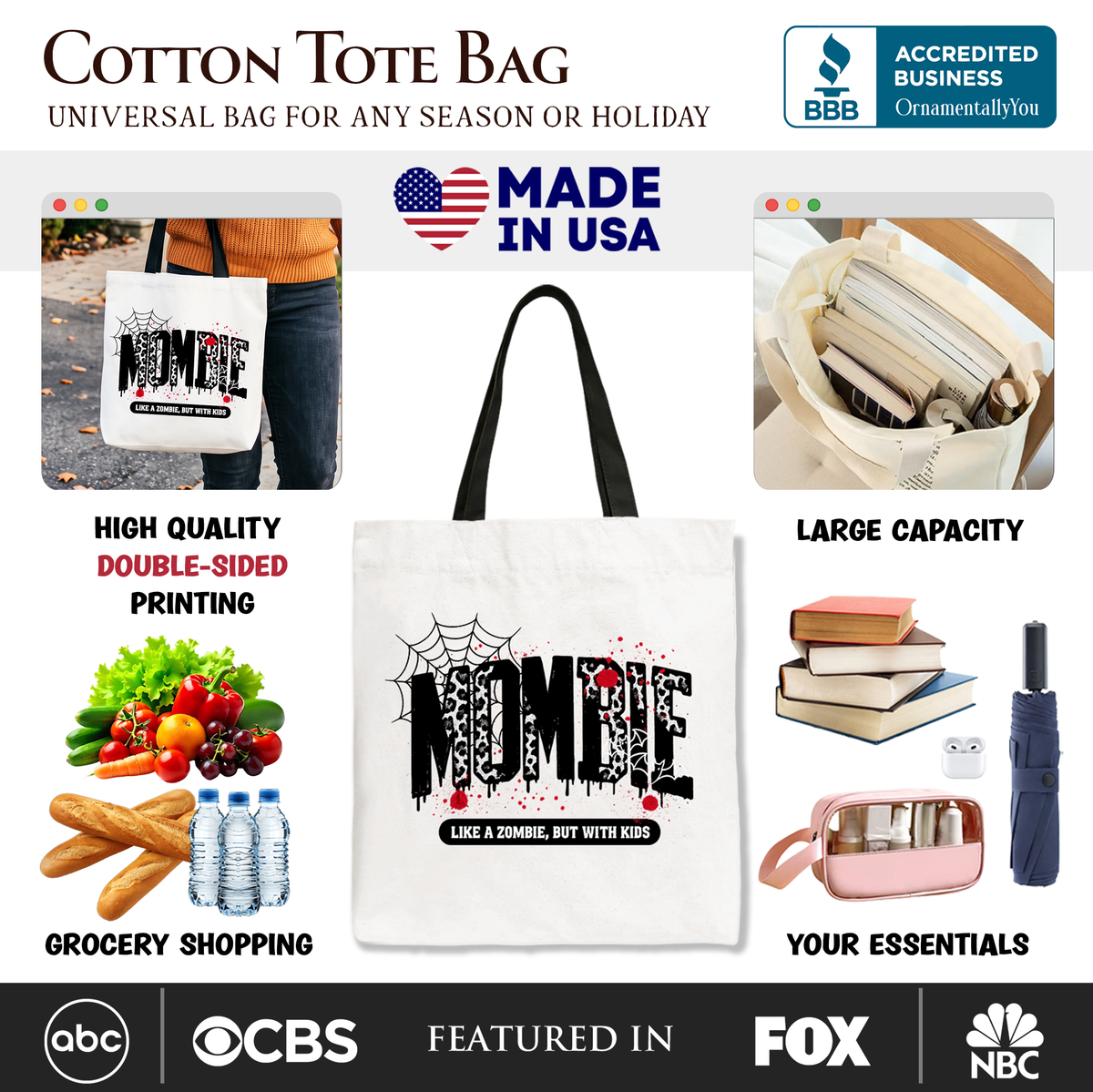 Mombie Like a Zombie But With Kids Tote Bag, Funny Halloween Mom Horror Gift Shopper - Grazingbelles