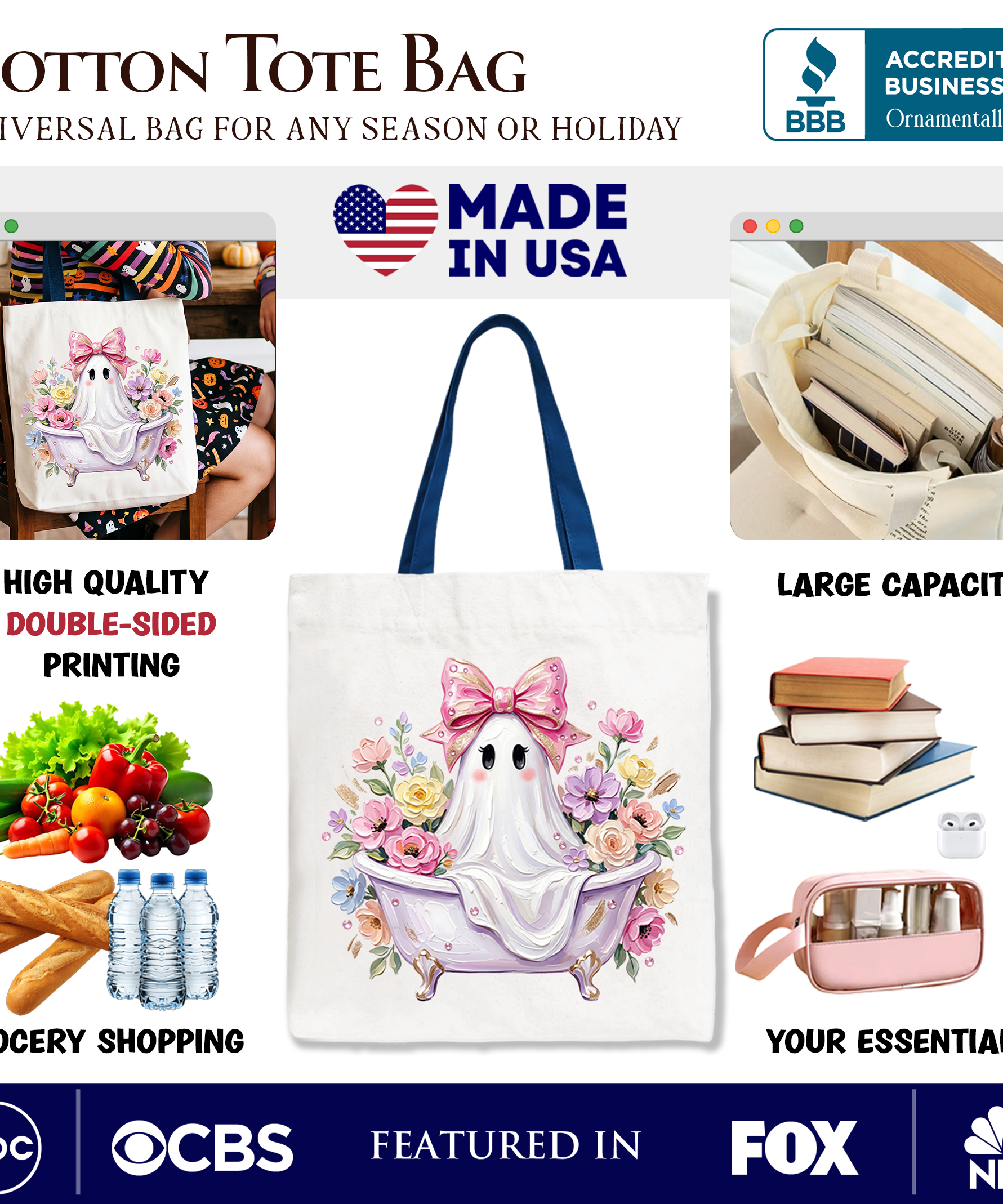 Pink Bow Bathtub Ghost Tote Bag, Floral Coquette Halloween Gift Shopper - Grazingbelles