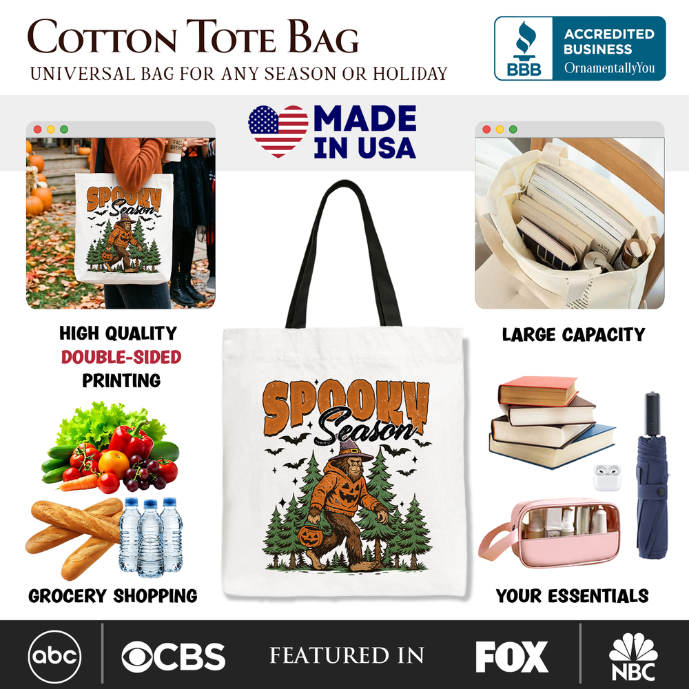 Spooky Season Bigfoot Tote Bag, Halloween Sasquatch Pumpkin Gift Shopper - Grazingbelles