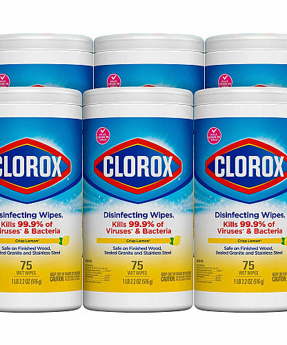 Clorox Disinfecting Wipes, 1-Ply, 7 x 7.75, Crisp Lemon, White, 75/Canister, 6 Canisters/Carton (01628)