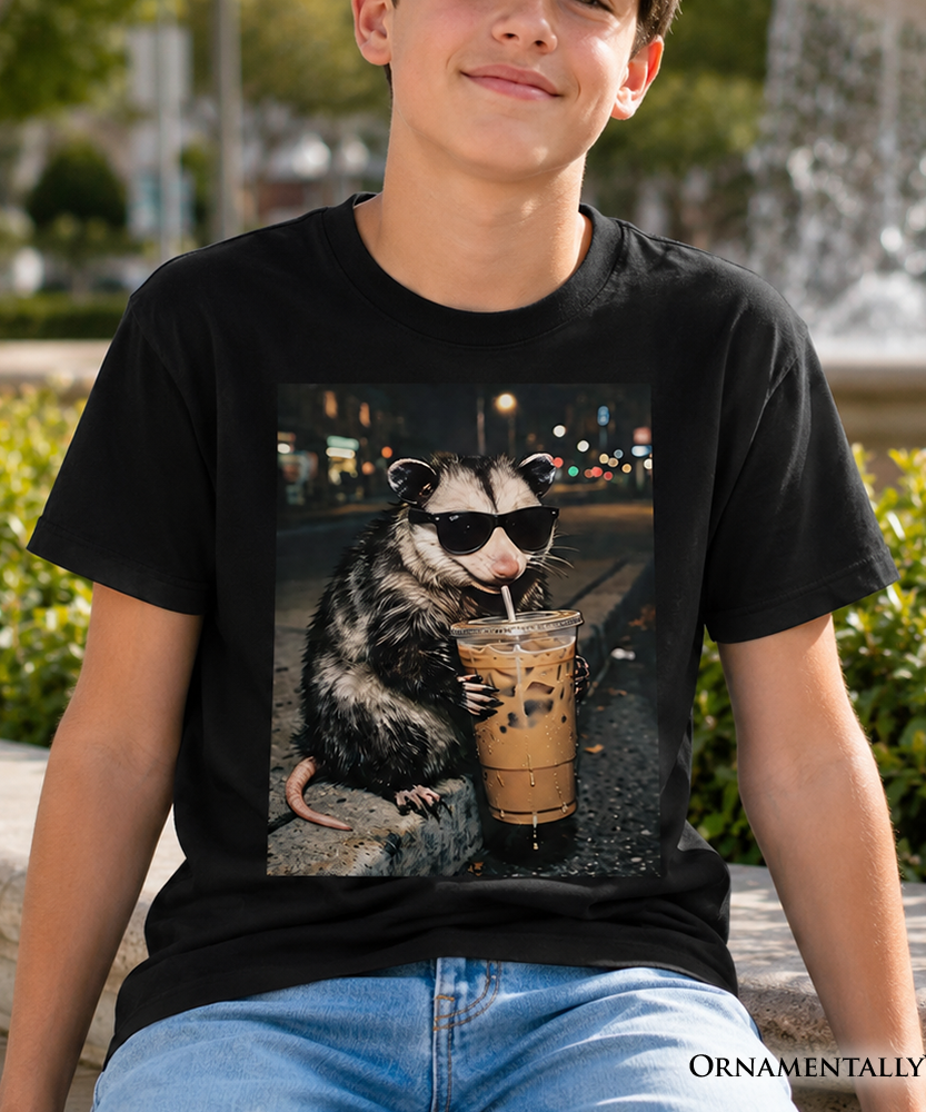 Kids Iced Coffee Opossum T-Shirt, Funny Animal Meme Youth Tee