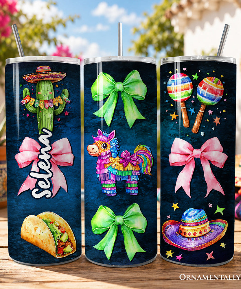 Cinco De Mayo Coquette Bow 20oz Personalized Tumbler With Lid and Stainless Steel Straw, Mexican Fiesta Maracas Gift Cup - Grazingbelles