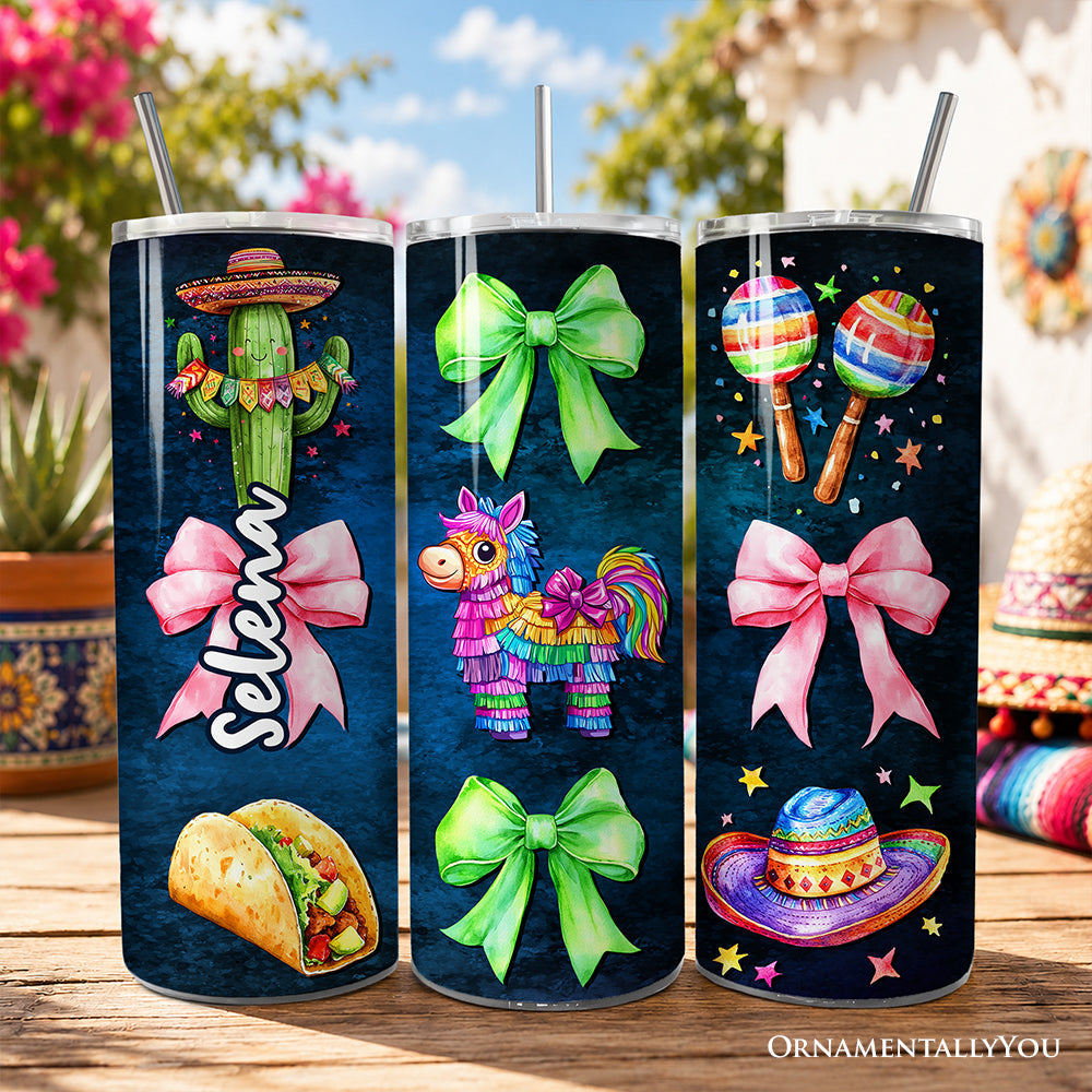 Cinco De Mayo Coquette Bow 20oz Personalized Tumbler With Lid and Stainless Steel Straw, Mexican Fiesta Maracas Gift Cup - Grazingbelles