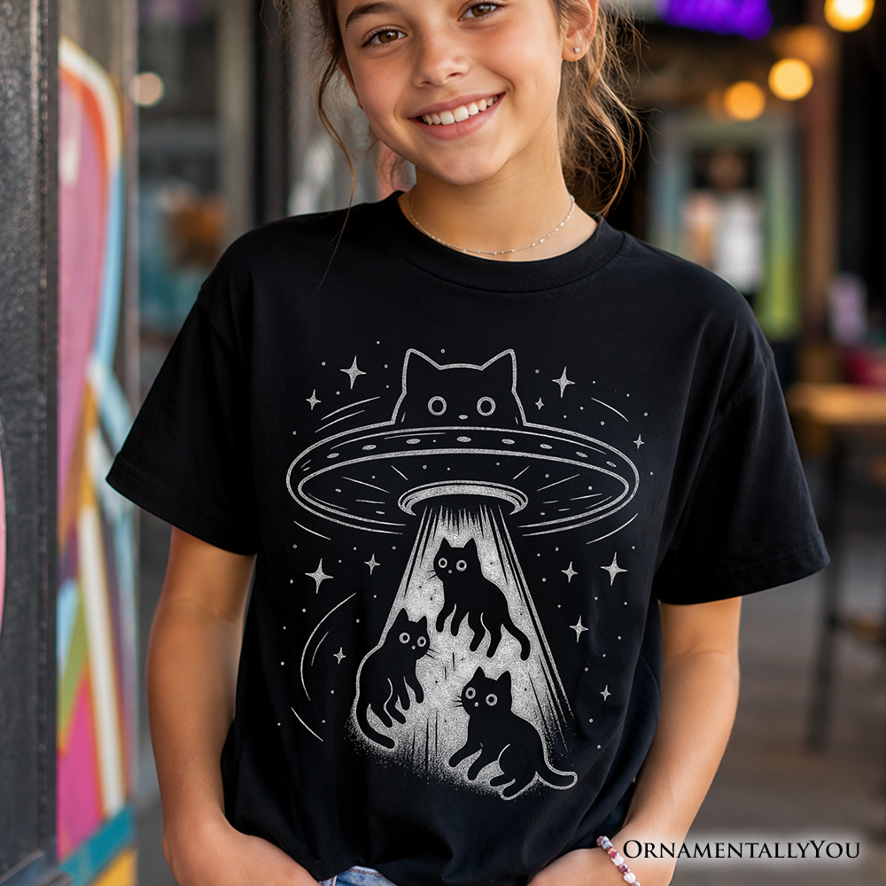 Kids Alien Cat Abduction T-Shirt, Funny Youth UFO Space Cats Cosmic Tee - Grazingbelles