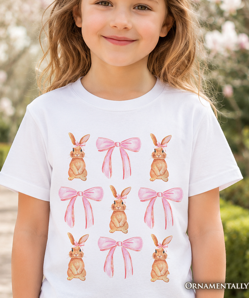Kids Coquette Bunny Pink Bow Easter T-Shirt, Cute Girly Bunny Spring Tee for Youth - Grazingbelles