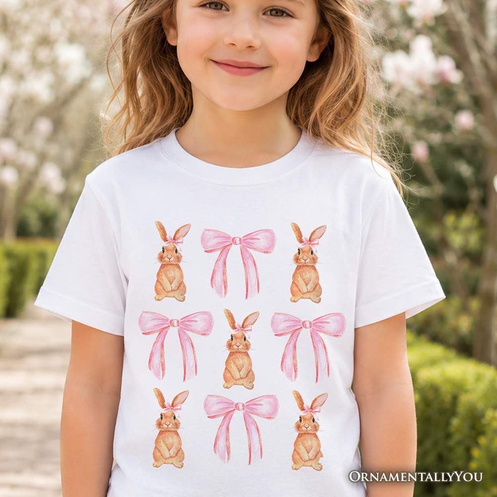 Kids Coquette Bunny Pink Bow Easter T-Shirt, Cute Girly Bunny Spring Tee for Youth - Grazingbelles