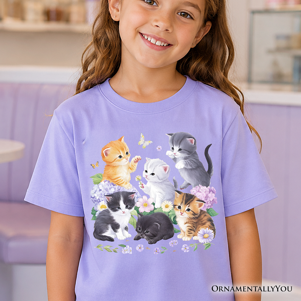 Kids Cute Baby Cats Wildflower T-Shirt, Cottagecore Botanical Cat Youth Tee - Grazingbelles
