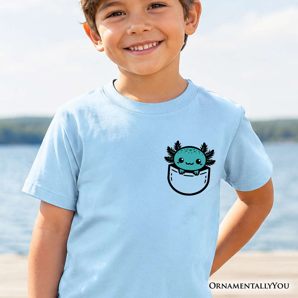 Kids Cute Pocket Blue Axolotl T-Shirt, Salamander Animal Tee for Youth - Grazingbelles