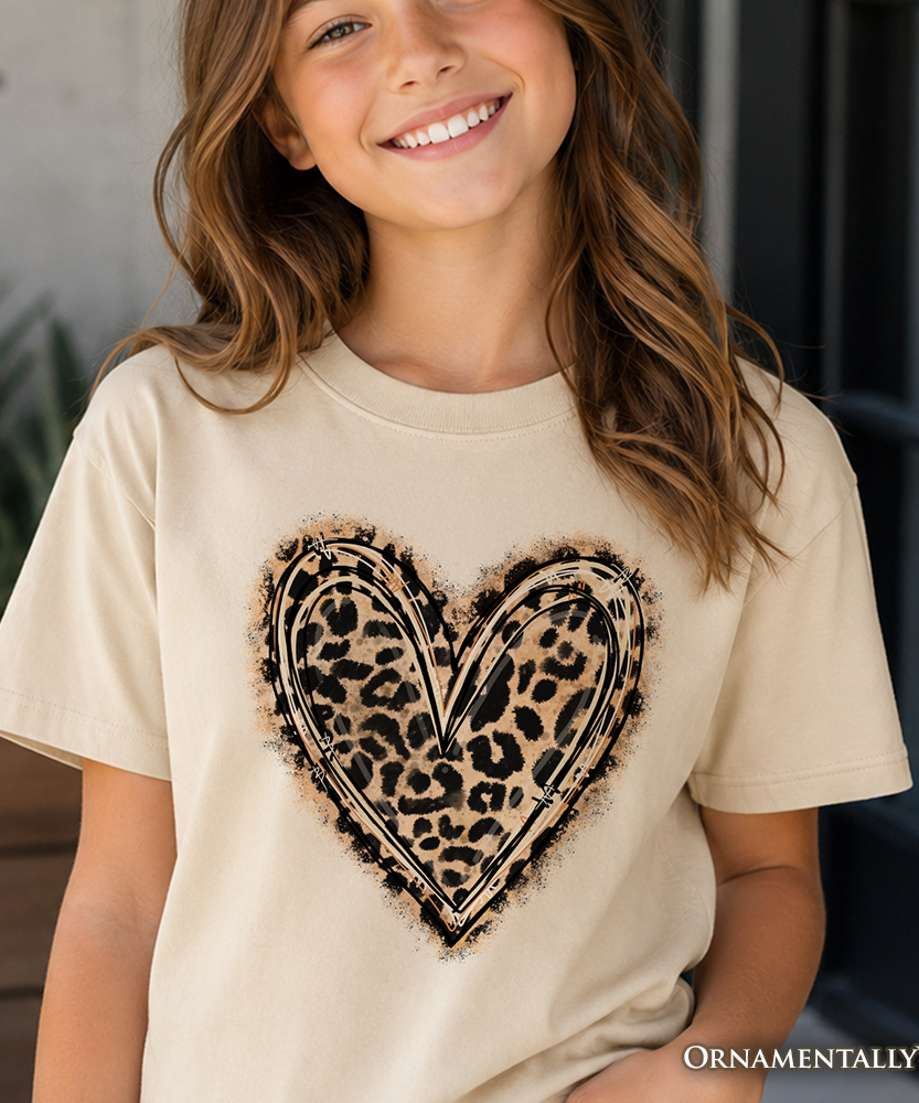 Kids Leopard Heart Valentine T-Shirt, Watercolor Love Tee for Youth