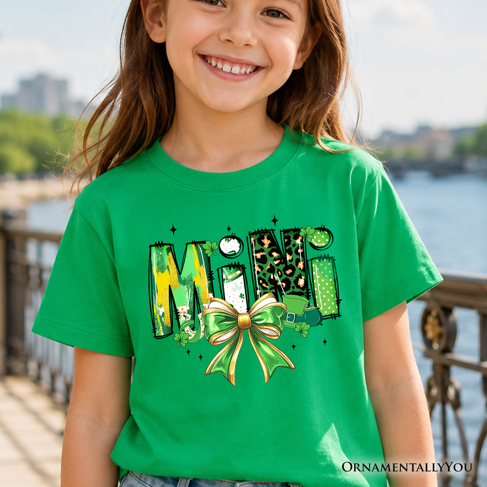 Kids Mini Clover Bow St Patrick's Day T-Shirt, Coquette Lucky Shamrock Clover Tee for Youth - Grazingbelles